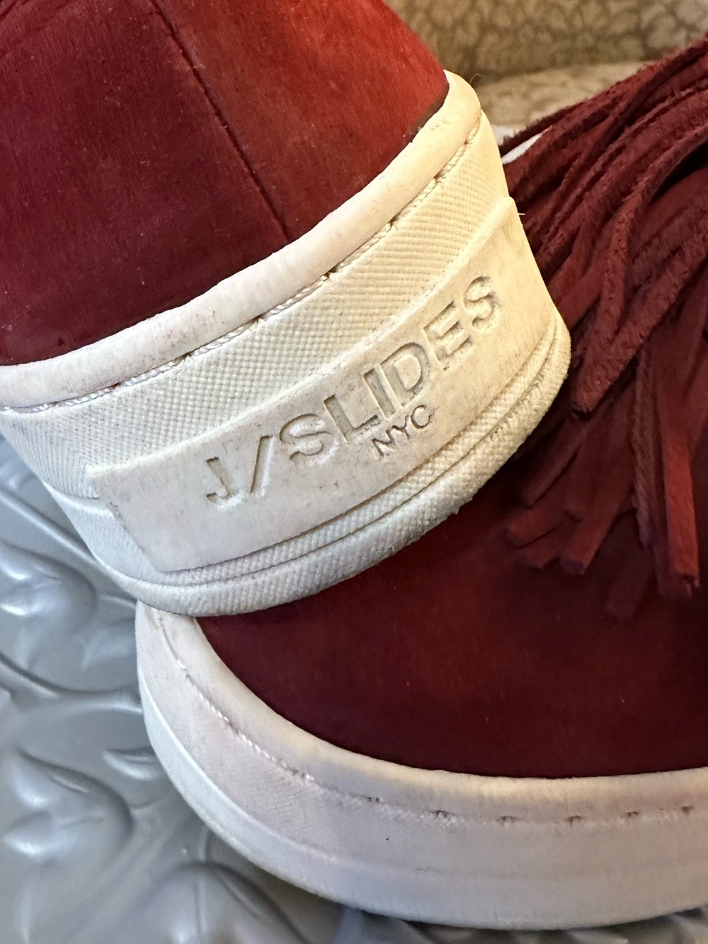J/Slides Hope Fringe Sneakers Burgundy Leather Platform Slip On Shoes Size 8 - Picture 7 of 9